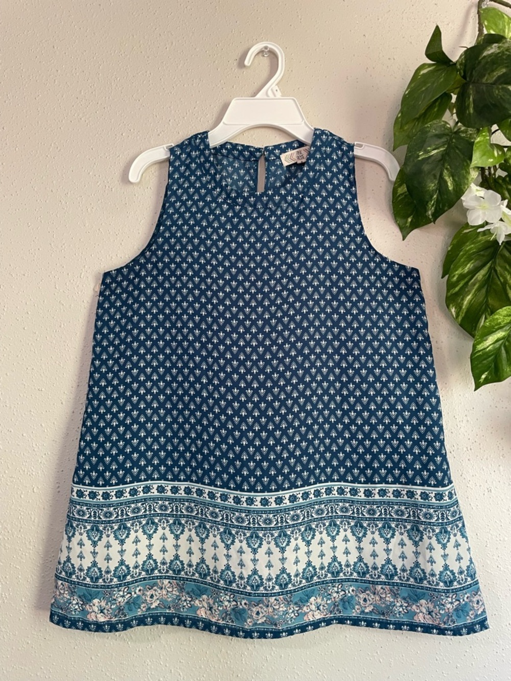Pink Rose Boho Floral Tank Top Blue Border Print Sleeveless Blouse Size S
